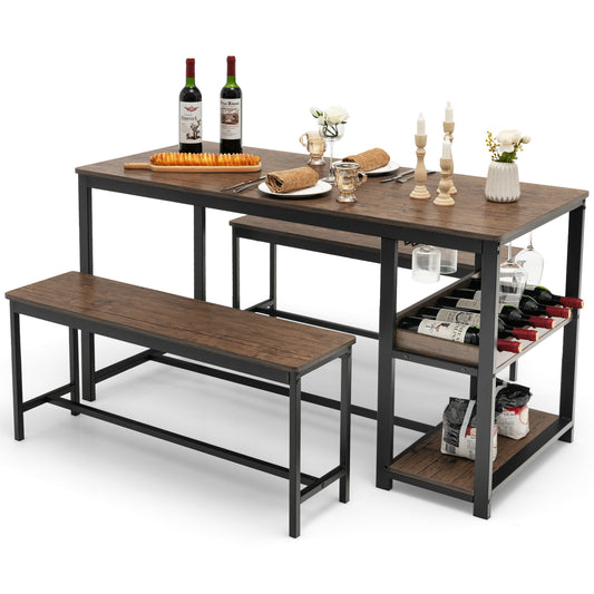 4-Person 3 Pieces Dining Table Set with 2 Benches and Wine Rack-Rustic Brown