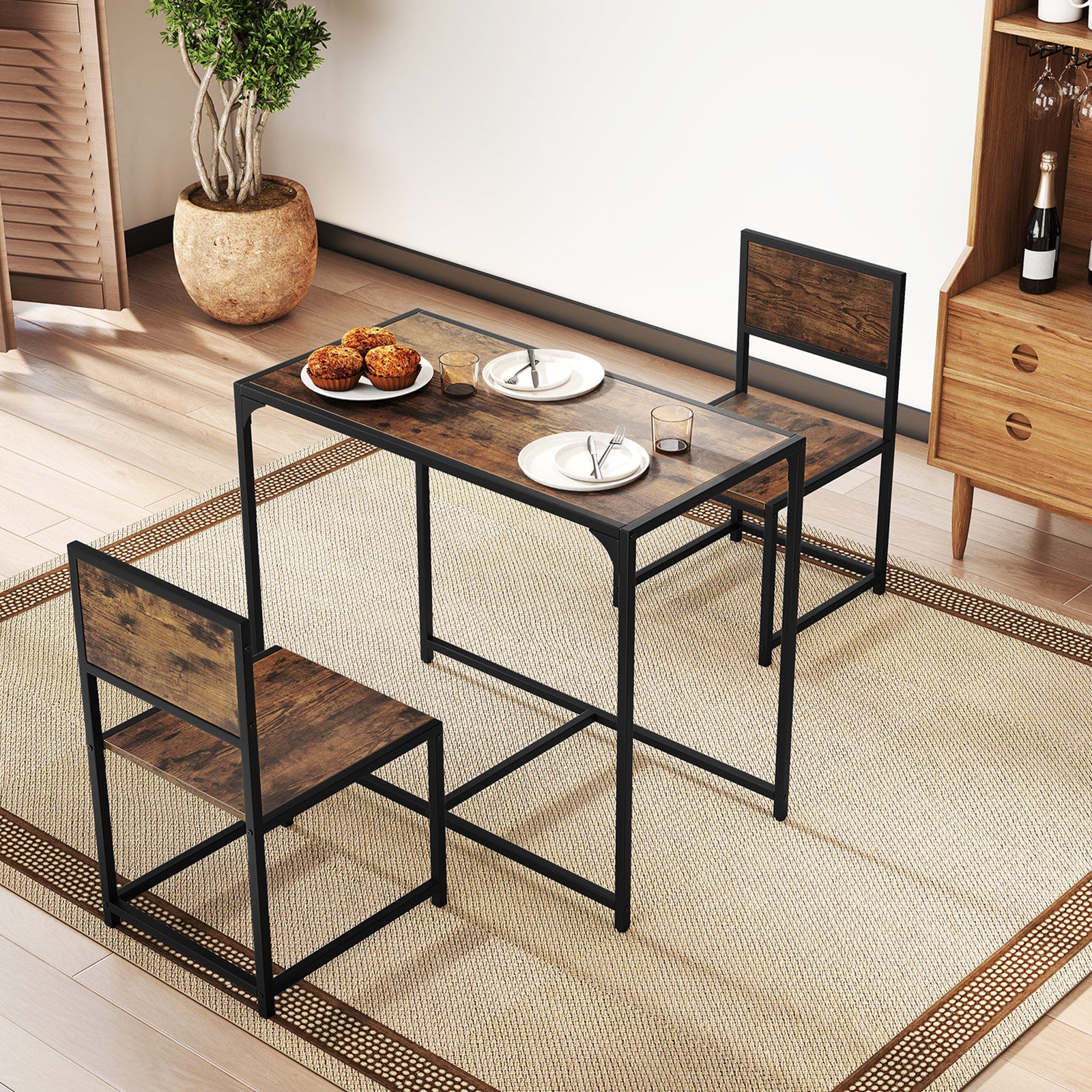 3 Piece Dining Table Set with Metal Frame and Low Back-Brown