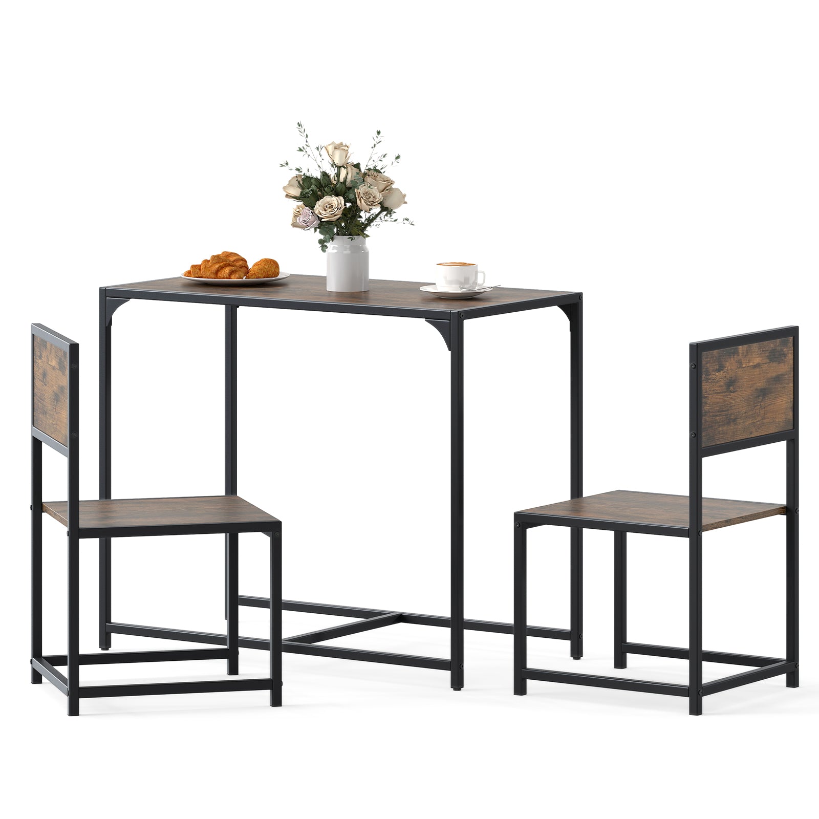 3 Piece Dining Table Set with Metal Frame and Low Back-Brown