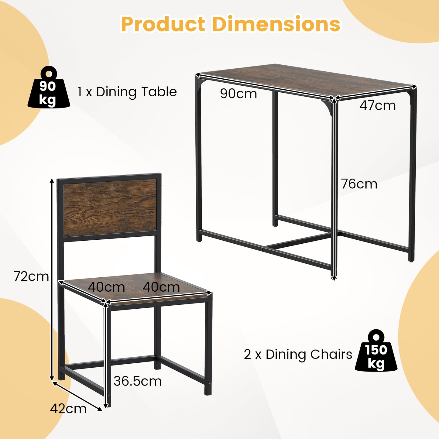 3 Piece Dining Table Set with Metal Frame and Low Back-Brown