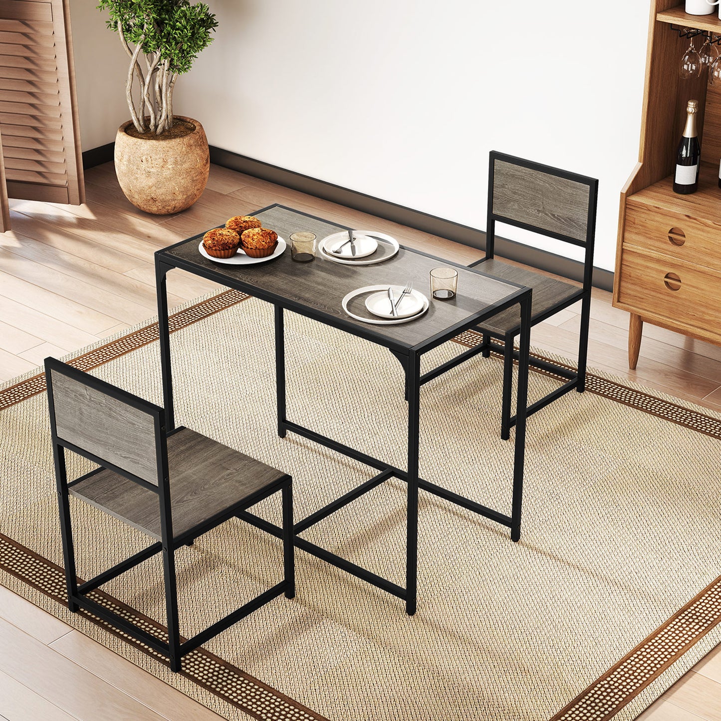 3 Piece Dining Table Set with Metal Frame and Low Back-Grey