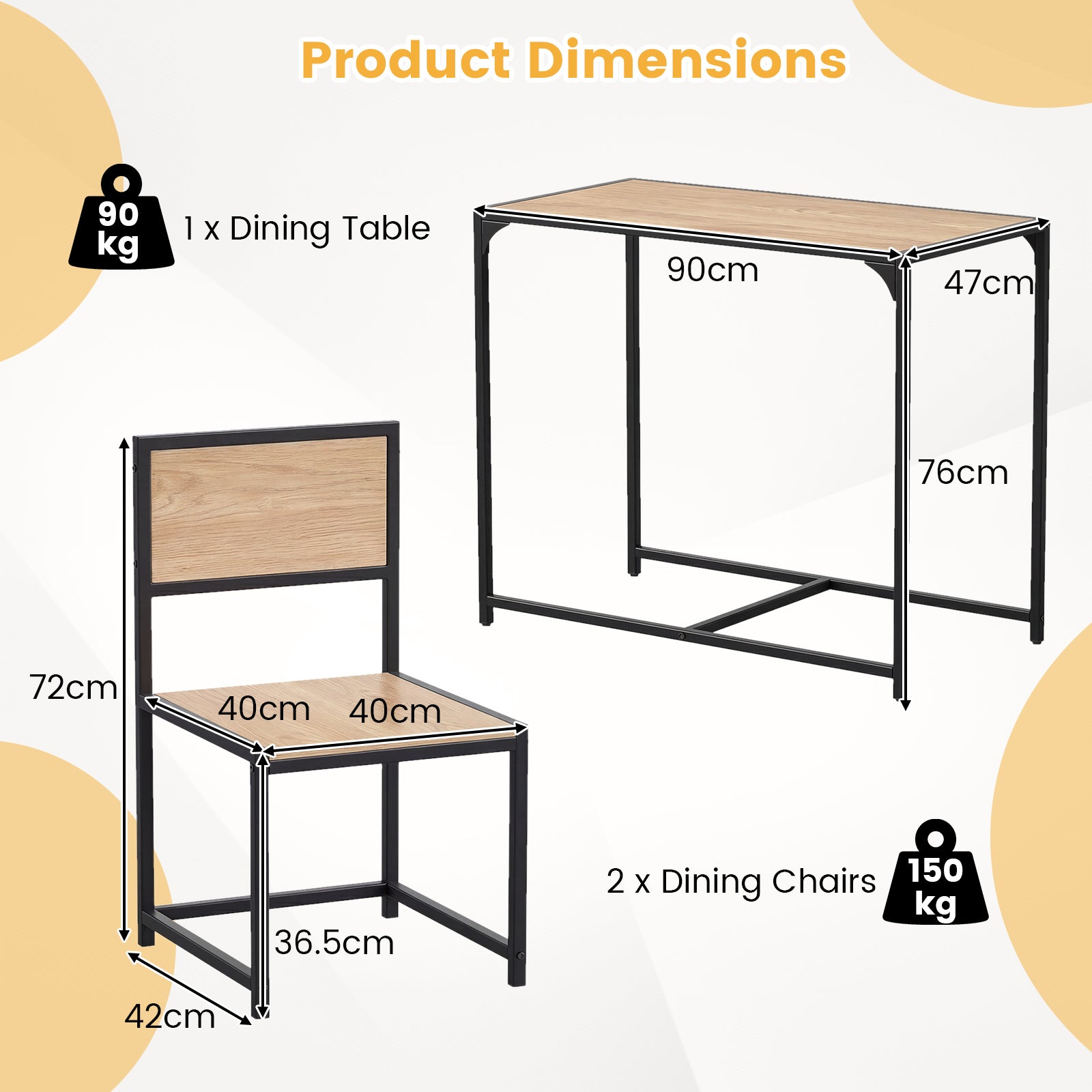 3 Piece Dining Table Set with Metal Frame and Low Back-Natural
