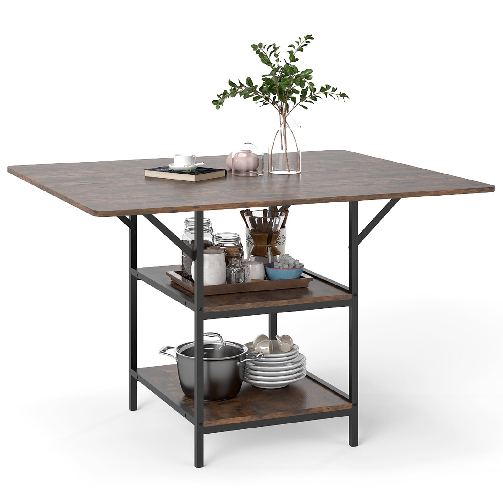 Dining Table for 4-6 Rectangular Dining Table with 2 Open Storage Shelves-Brown