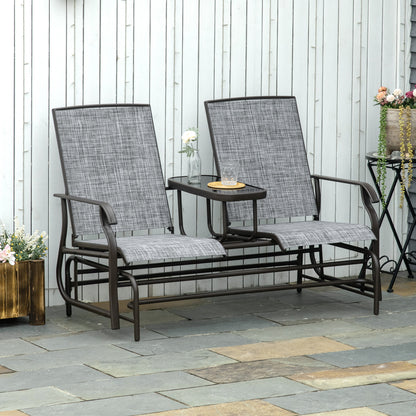 Outsunny 2 Seats Garden Glider Bench, Metal Frame Loveseat with Glass Top Centre Table, Porch Rocking Glider for 2 Person, for Deck, Patio, Brown/ Grey