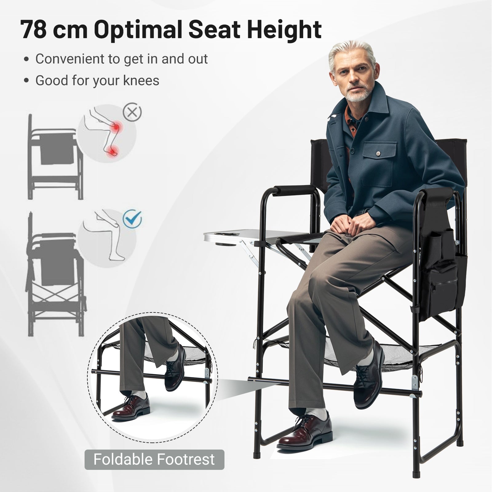 Directors Chair Folding Makeup Artist Chair with Foldable Side Table-Grey