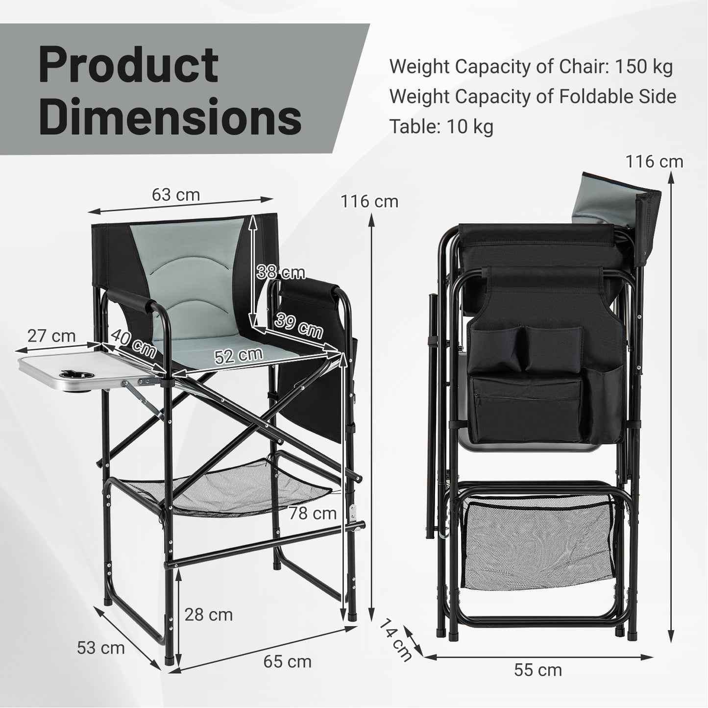 Directors Chair Folding Makeup Artist Chair with Foldable Side Table-Grey
