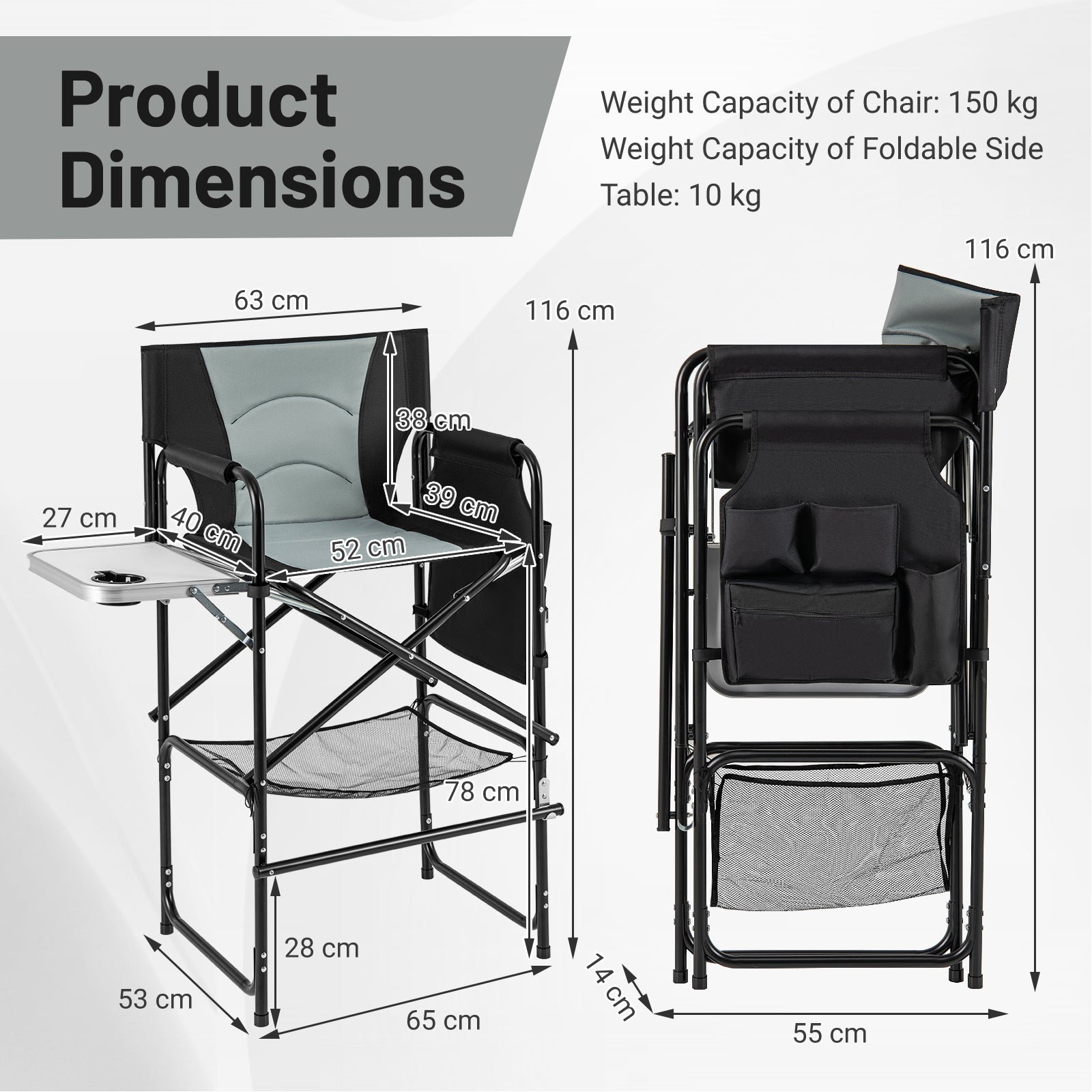 Directors Chair Folding Makeup Artist Chair with Foldable Side Table-Grey