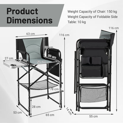Directors Chair Folding Makeup Artist Chair with Foldable Side Table-Grey