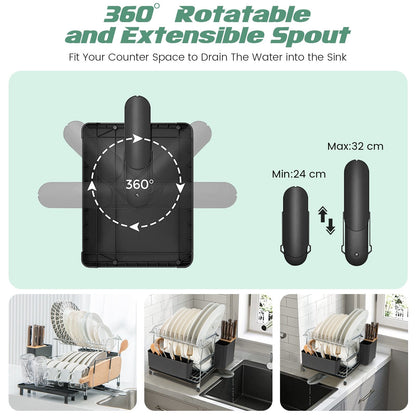 2-Tier Detachable Kitchen Dish Drying Rack with Drainboard-Silver