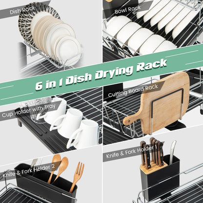 2-Tier Detachable Kitchen Dish Drying Rack with Drainboard-Silver