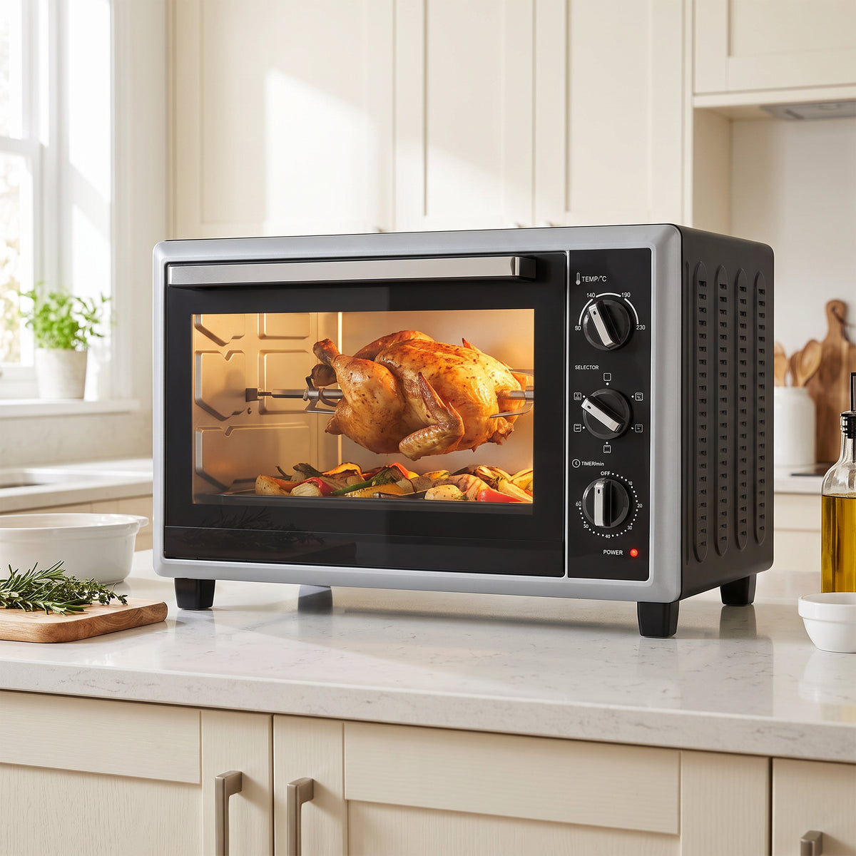 HOMCOM 46L Mini Oven with Convection with Rotisserie, 90-230°C Adjustable Temperature, 60 Minute Timer, 1800 W, Black