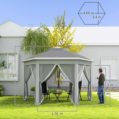 Outsunny 3 x 4m Altana ogrodowa Hexagon Pop Up Altana imprezowa Baldachim Podwójny dach Natychmiastowe schronienie z siatką i torbą transportową na patio na zewnątrz, ciemnoszary