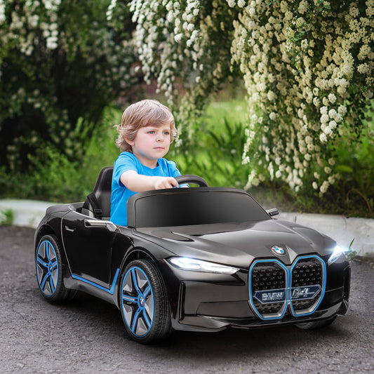 سيارة كهربائية للأطفال من HOMCOM BMW i4 مرخصة بقوة 12 فولت، مع جهاز تحكم عن بعد، وبطارية محمولة، وموسيقى، وبوق، ومصابيح أمامية - باللون الأسود