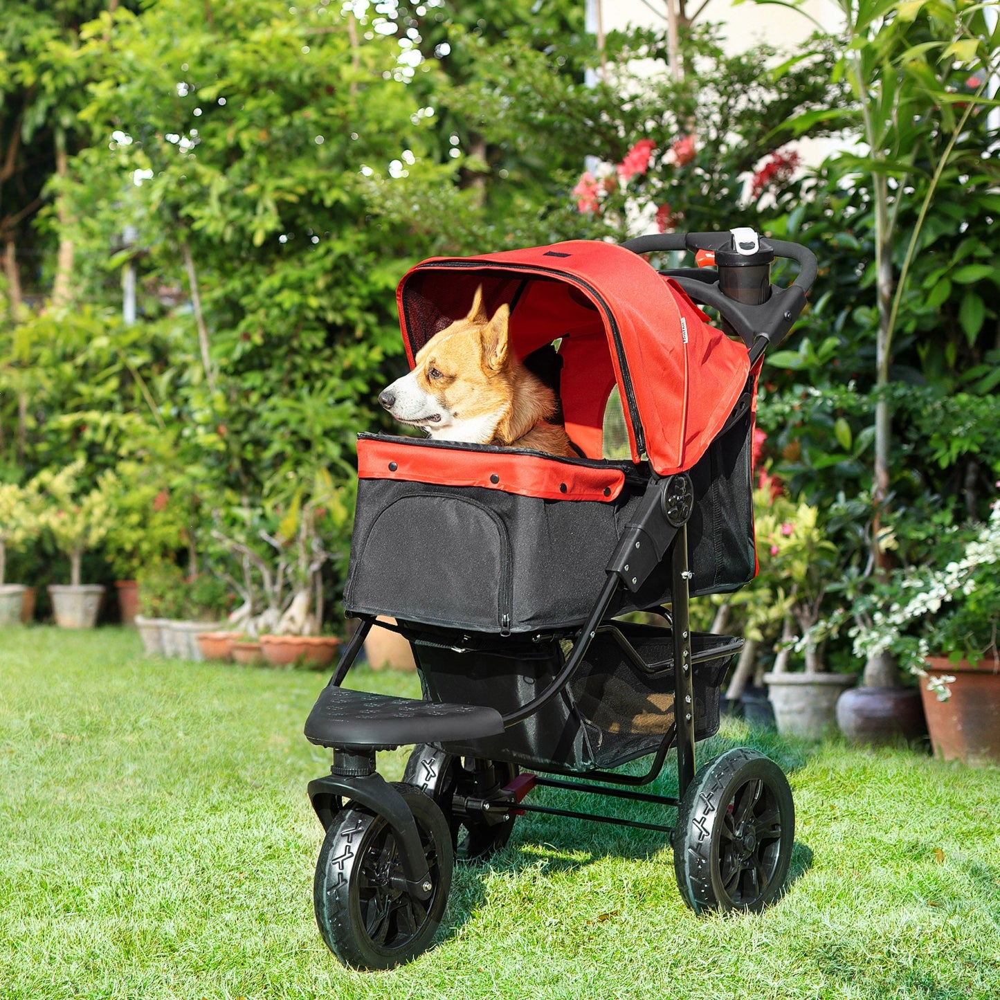 PawHut Dog Pram Dog Stroller Pet Stroller, 3 Wheels Dog Pushchair with Brake, for Small Miniature Dogs, Cats, Red