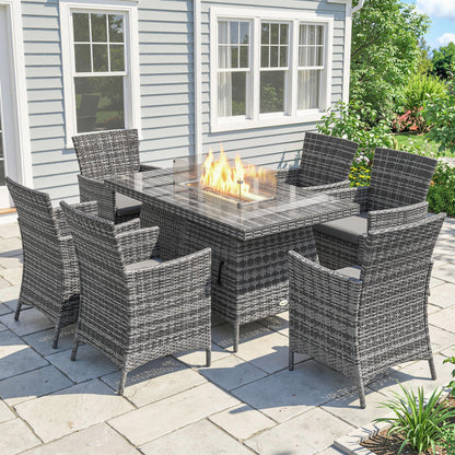 Outsunny 7 Pieces Outdoor Rattan Garden Furniture with Fire Pit Table, 6 Seater Garden Table and Chairs with Cushions, Rattan Dining Set with Propane Heater Table, Windscreen, 50,000 BTU, Grey