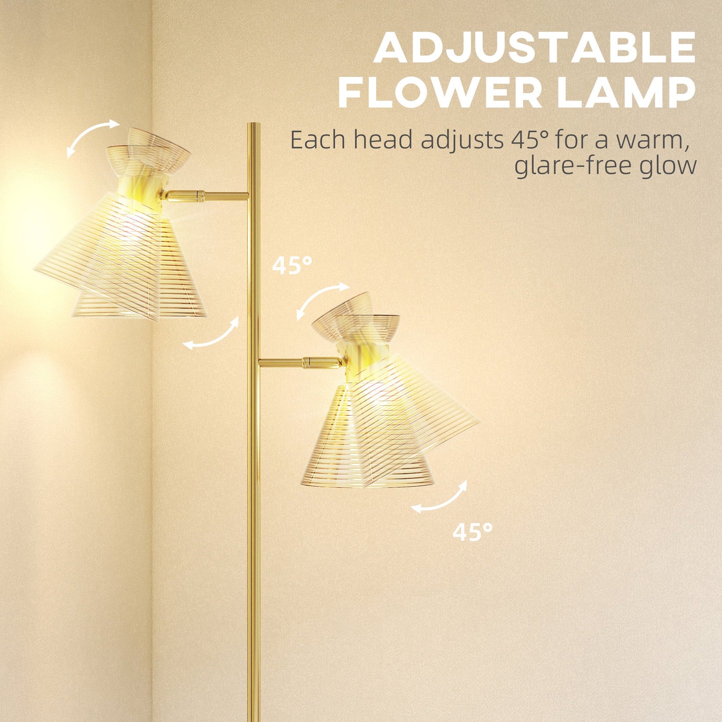 HOMCOM Floor Lamp with Adjustable Dual Head, Modern Standing Lamp with Floral Glass Shades and Foot Switch for Living Room Bedroom, E27 Socket, Bulb Not Included, Gold Tone