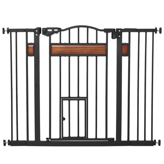 PawHut Pet Gate Safety Gate, with Cat Flap, Auto Close, for Staircases, Doorways, Hallways, 74-105cm Wide - Black