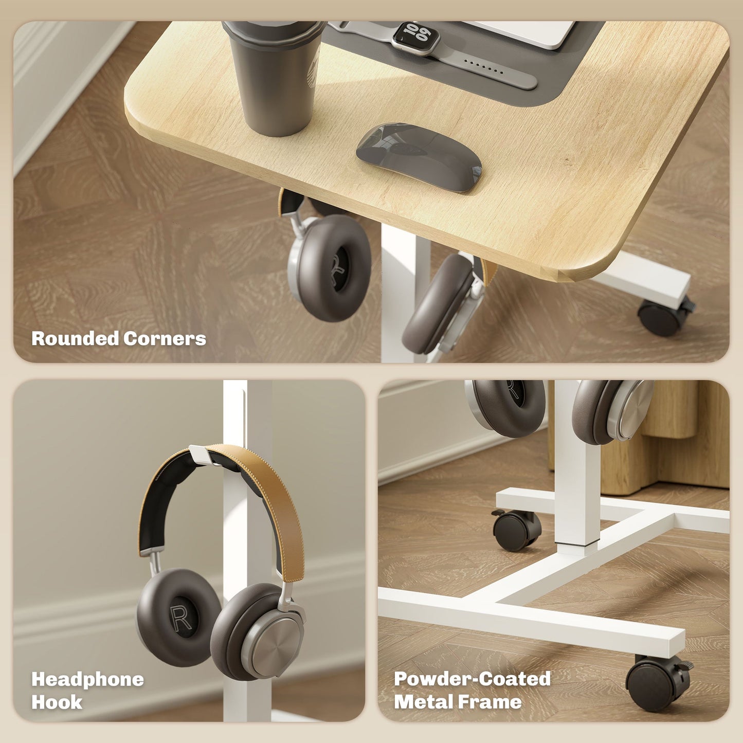 HOMCOM Height Adjustable Standing Desk, Pneumatic Sit Stand Desk for Laptop, Mobile Overbed Table with Wheels and Headphone Hook for Home Office, Natural Wood Finish