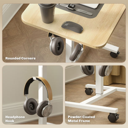 HOMCOM Height Adjustable Standing Desk, Pneumatic Sit Stand Desk for Laptop, Mobile Overbed Table with Wheels and Headphone Hook for Home Office, Natural Wood Finish
