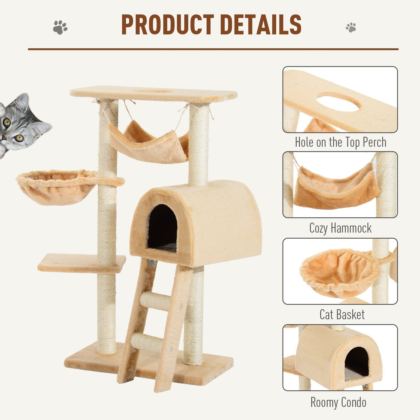 PawHut Cat Tree Kitten Activity Centre Scratch Scratching Scratcher Climber Post Rest Bed Toy 100cm