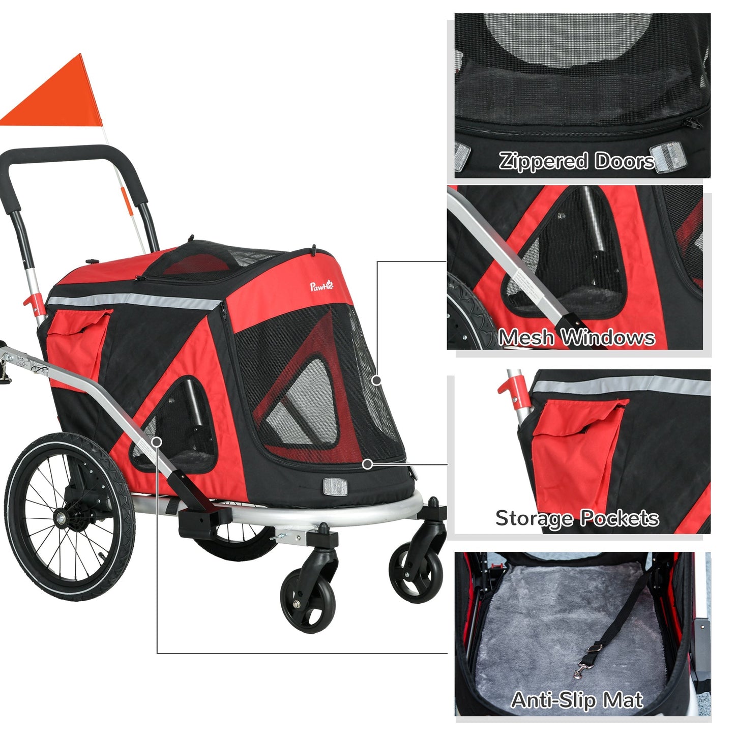 PawHut 2 in 1 Aluminium Foldable Dog Bike Trailer, Pet Stroller, for Medium Dogs - Red