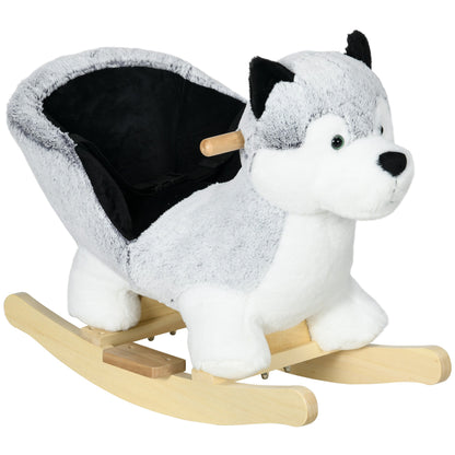 HOMCOM Baby Rocking Horse, pluszowy bujany koń zaprojektowany przez Husky'ego, z dźwiękami, pas bezpieczeństwa, dla dzieci w wieku 18-36 miesięcy - szary