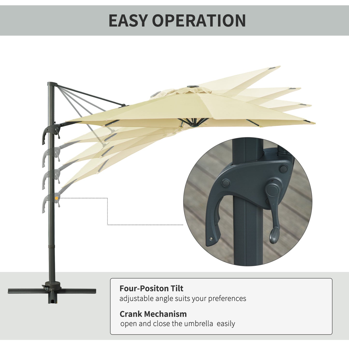 Outsunny 3(m) LED Cantilever Parasol ogrodowy z podstawą i lampami solarnymi beżowy