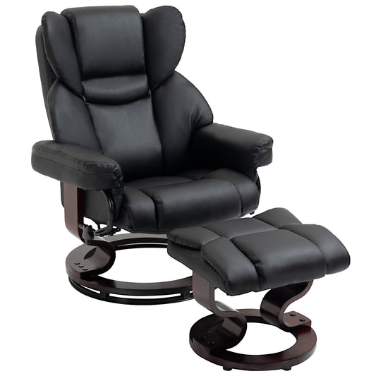 HOMCOM 360 Swivel Recliner Chair with Footstool, PU Leather Manual Recliner Armchair with Footstool, Solid Wood Base, Upholstered Reclining Chair for Living Room, Bedroom, Office, Black
