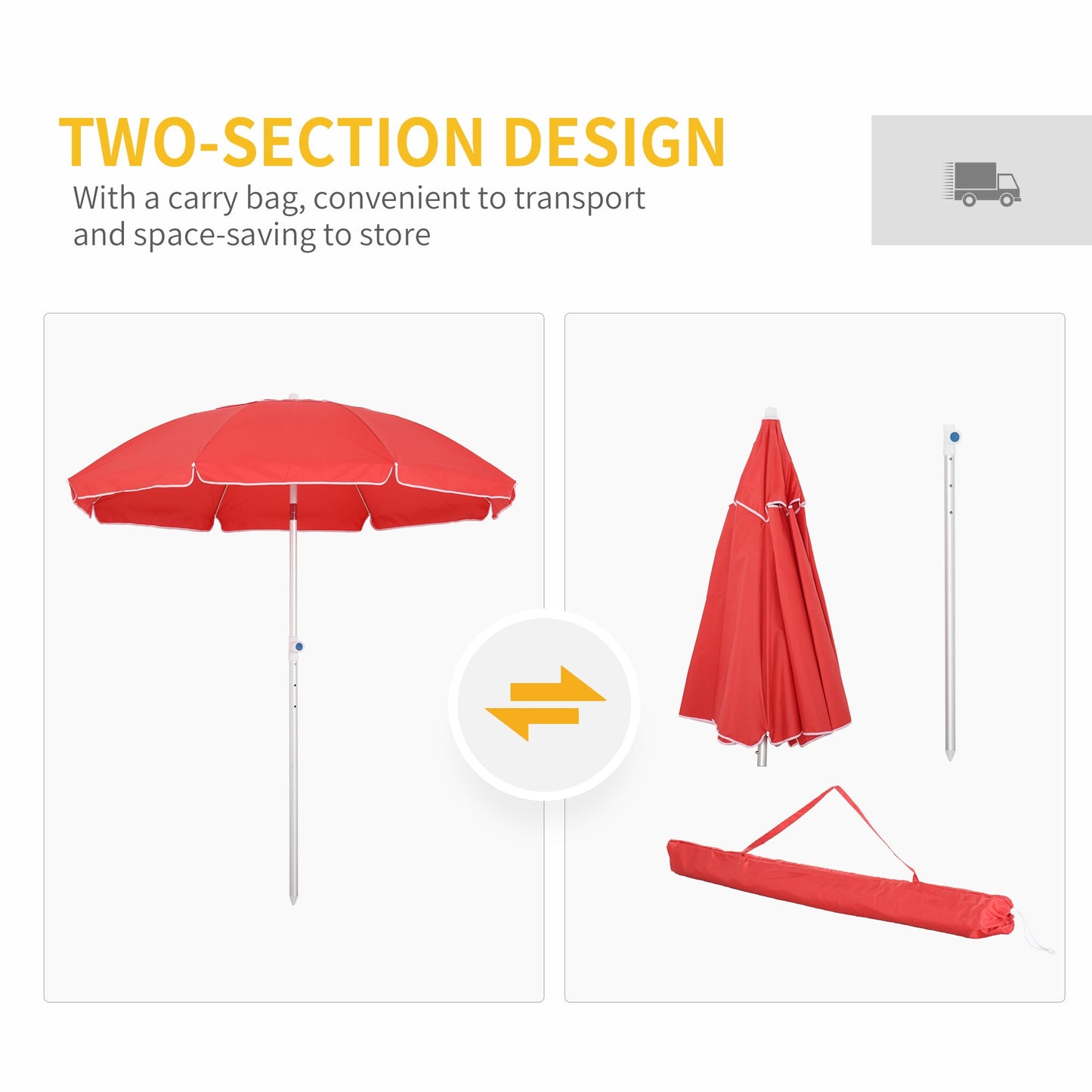 1.9m Arced Beach Umbrella 3-Angle Canopy Parasol w/ Aluminium Frame Pointed Spike Carry Bag Outdoor Sun Safe Shelter Patio Red