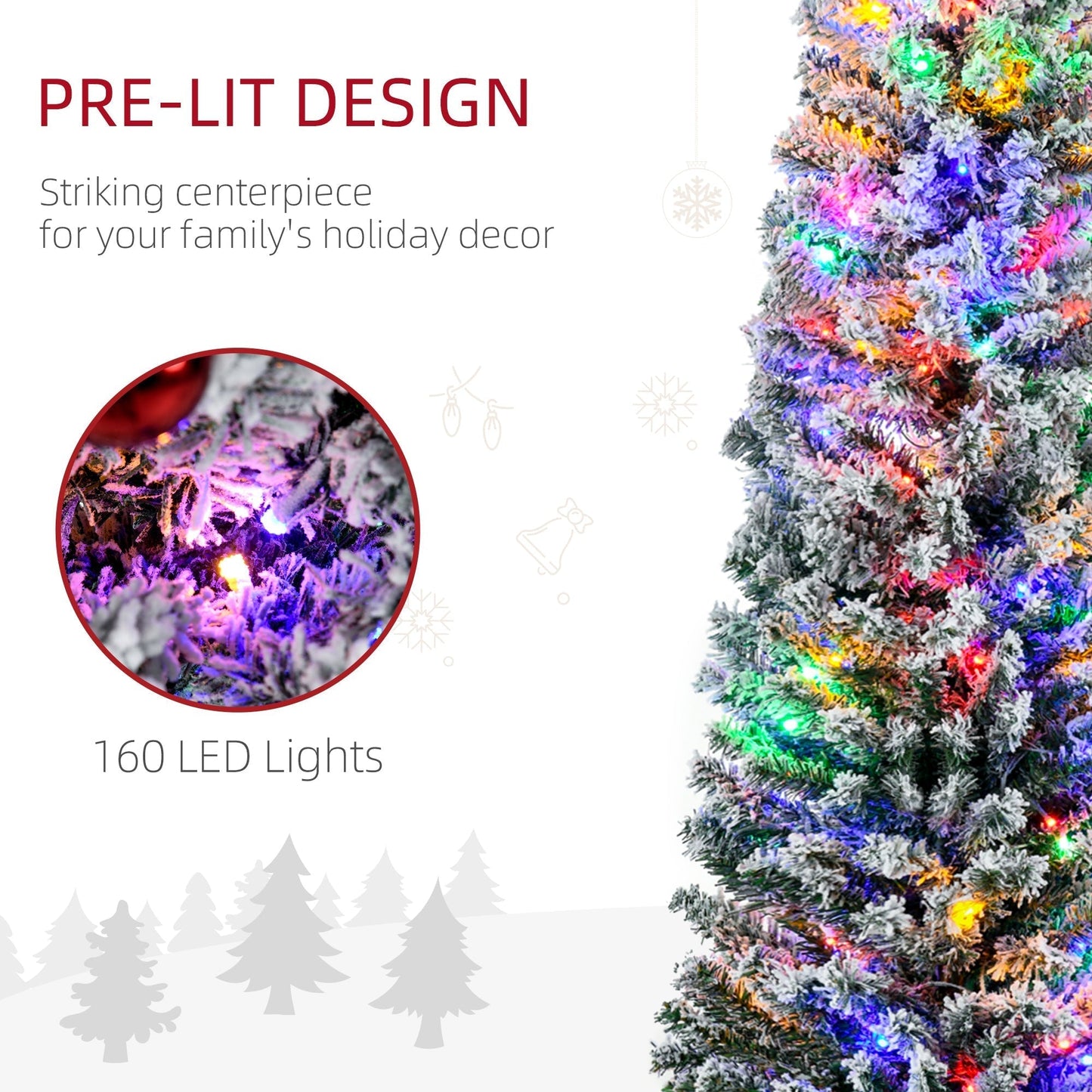 HOMCOM 6' Artificial Prelit Christmas Trees Holiday Decor with Colourful LED Lights, Flocked Tips, Berry, Pine Cone