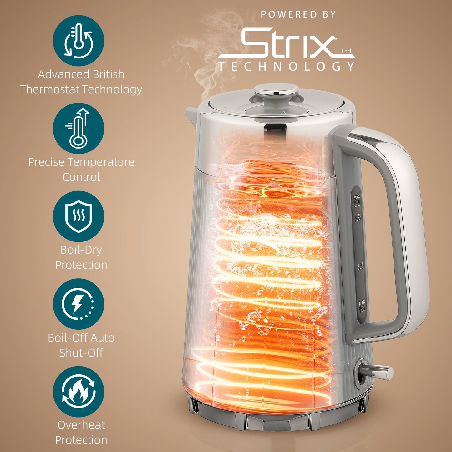 HOMCOM Electric Stainless Steel Kettle and Toaster Set, 3000W 1.7L UK Strix Thermostat Fast Boil Kettle w/ Limescale Filter, Cool Touch Body, 4 Slice Toaster with 7 Browning Levels, Crumb Tray, Tan