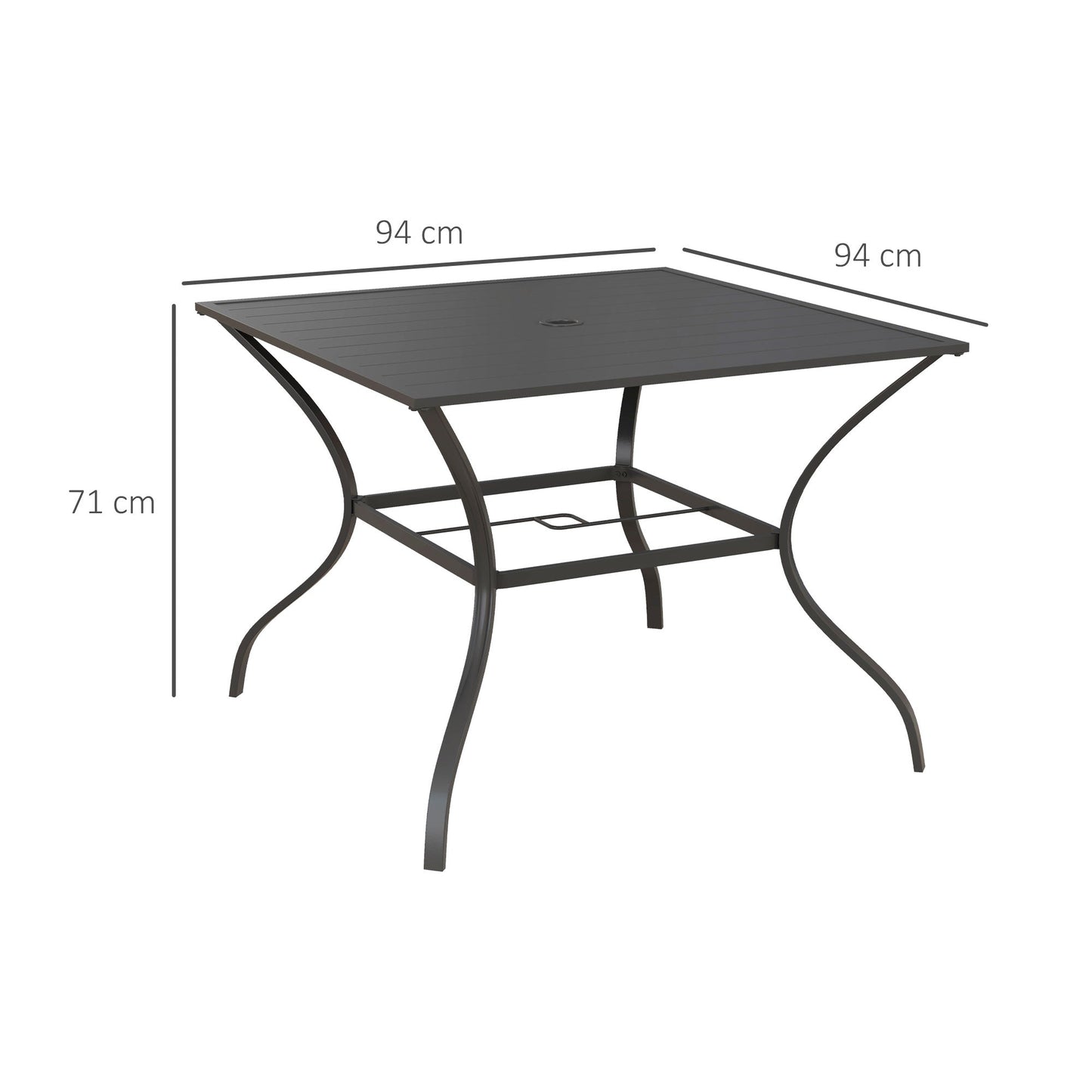 Outsunny 94 * 94 cm Garden Table with Parasol Hole, Outdoor Dining Garden Table for Four with Slatted Metal Plate Top, Dark Grey