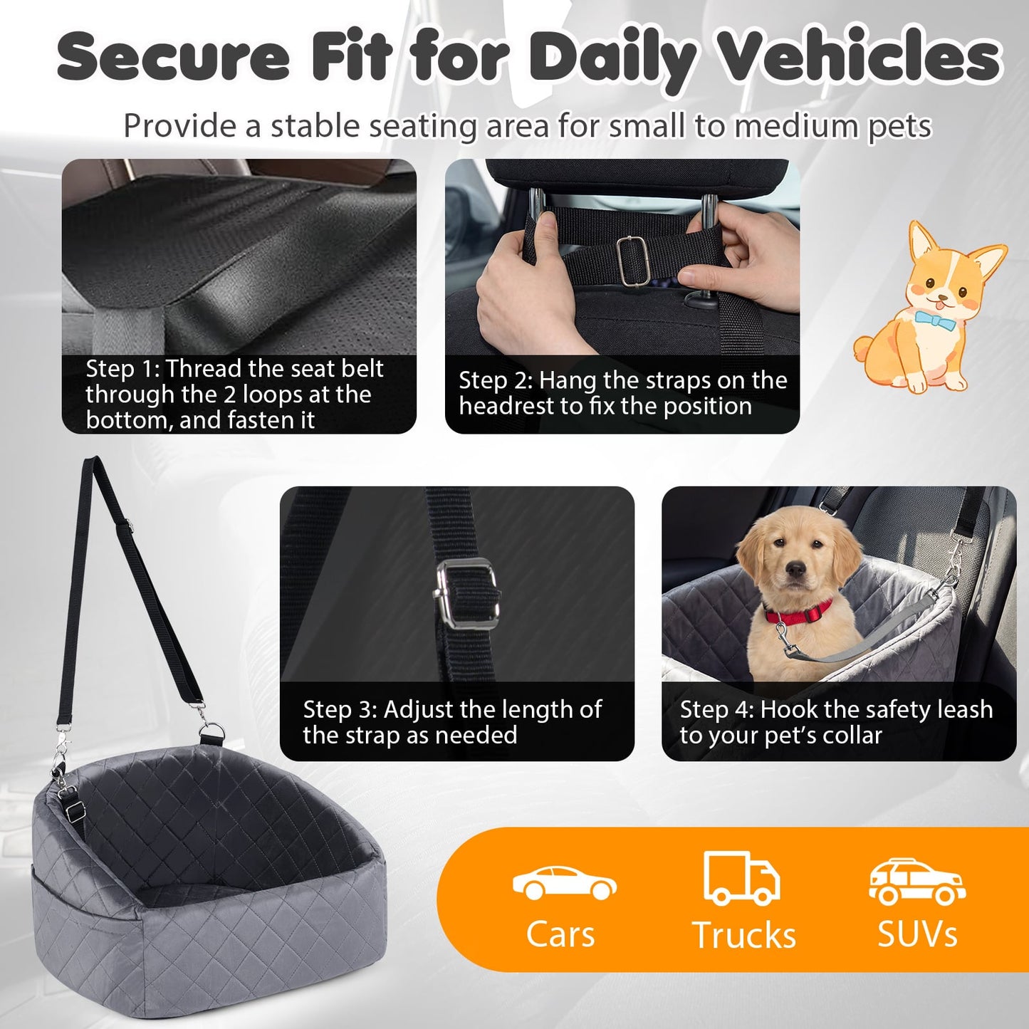 Dog Car Seat for Small Medium Pets with Safety Straps and Side Storage Pockets-Grey