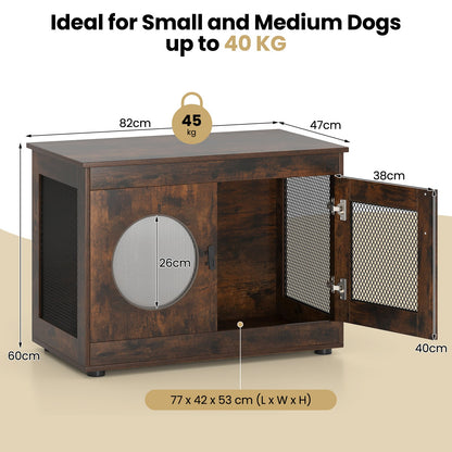Dog Crate Furniture with Metal Mesh & Translucent Window for Small Medium Dogs-Rustic Brown