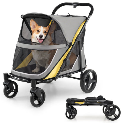 Dog Stroller for Large Dogs with One-Step Brake & Mesh Windows and Storage Bag-Yellow
