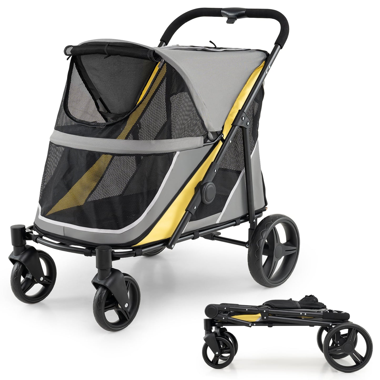 Dog Stroller for Large Dogs with One-Step Brake & Mesh Windows and Storage Bag-Yellow