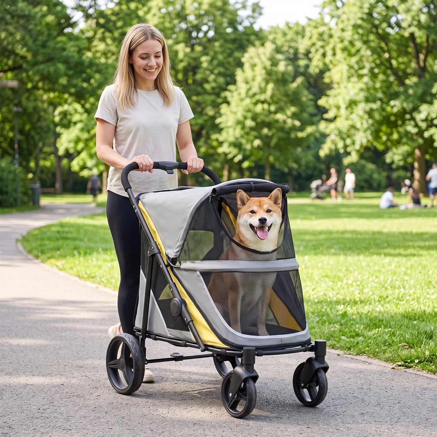 Dog Stroller for Large Dogs with One-Step Brake & Mesh Windows and Storage Bag-Yellow