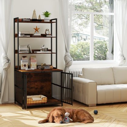 Dog Crate Furniture with Storage Shelves and Double Doors for Small Medium Dogs-Brown