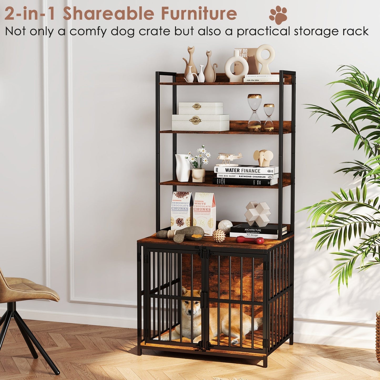 Dog Crate Furniture with Storage Shelves and Double Doors for Small Medium Dogs-Brown