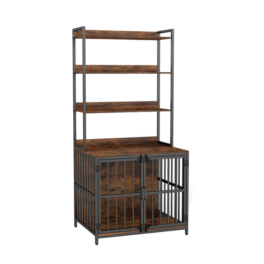 Dog Crate Furniture with Storage Shelves and Double Doors for Small Medium Dogs-Brown