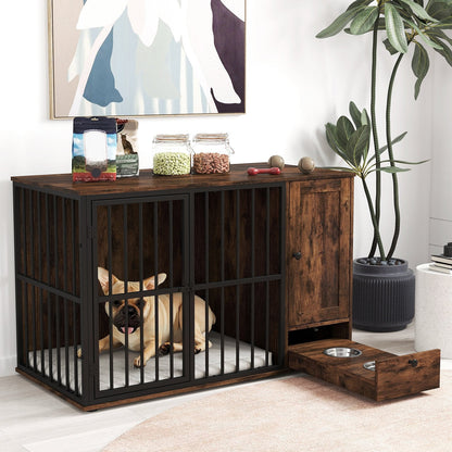 120CM Dog Crate Furniture with Hidden Pull-out Bowls in Drawer-Rustic Brown