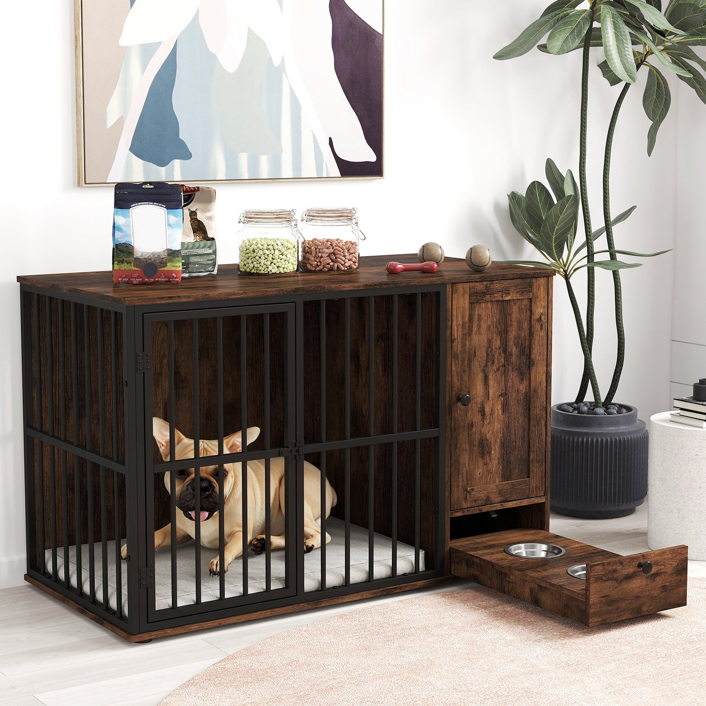 120CM Dog Crate Furniture with Hidden Pull-out Bowls in Drawer-Rustic Brown