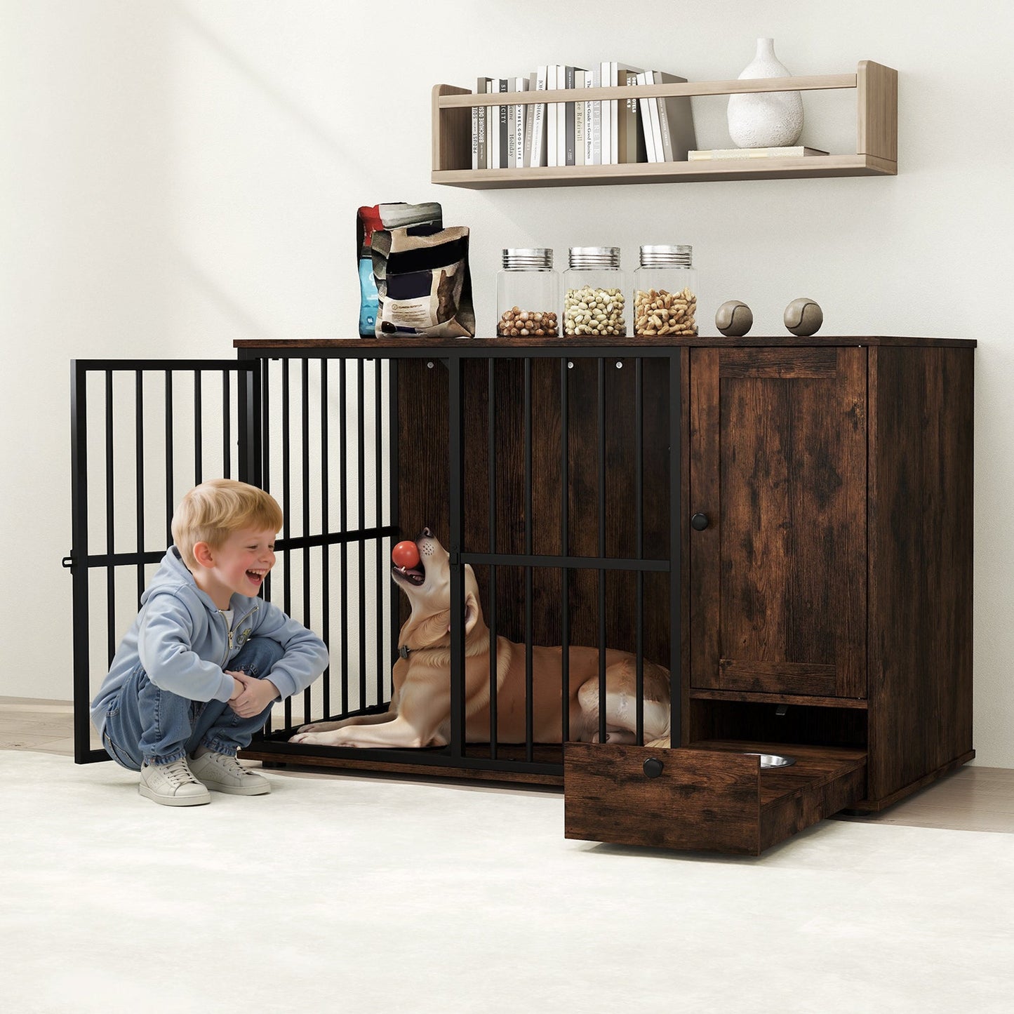 120CM Dog Crate Furniture with Hidden Pull-out Bowls in Drawer-Rustic Brown