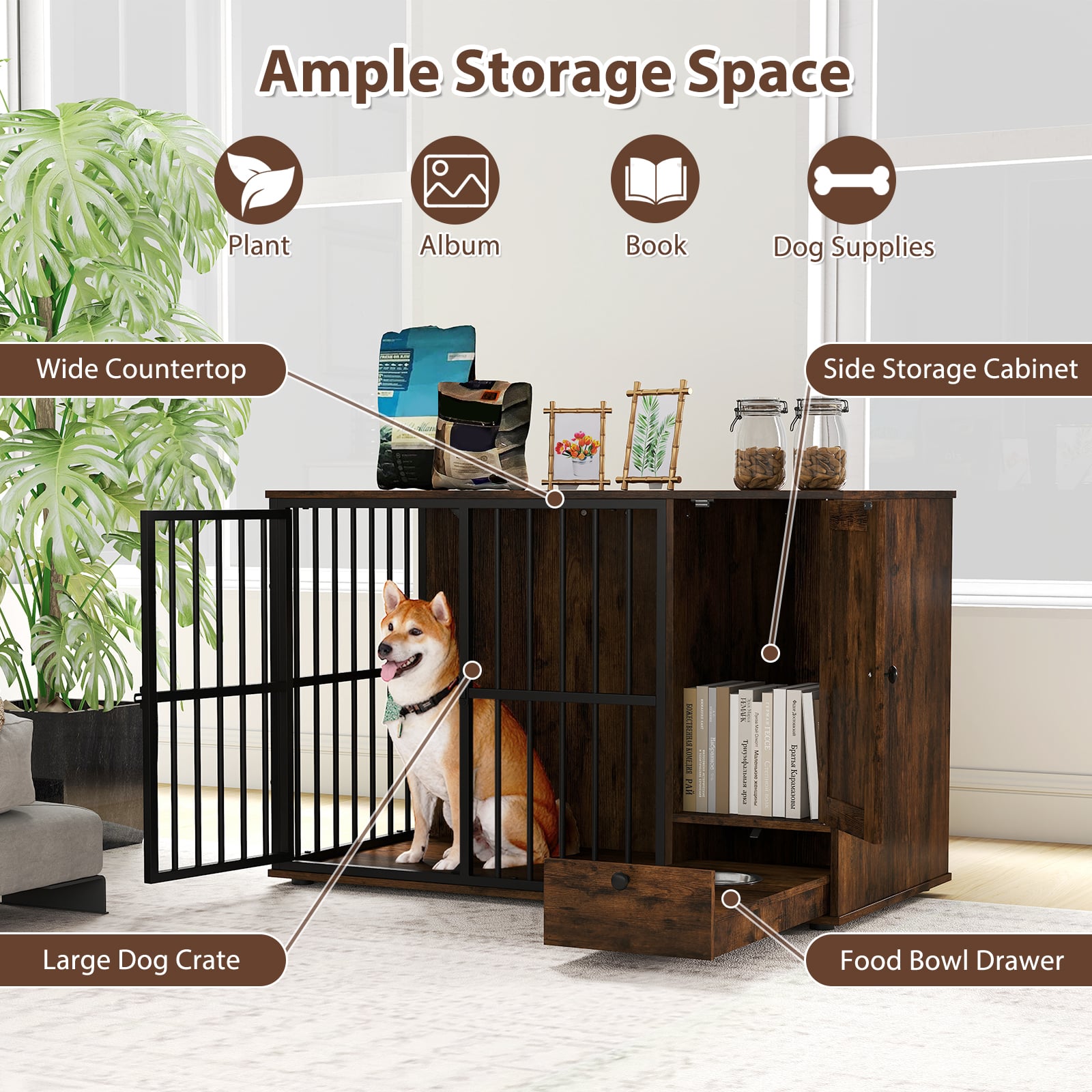 120CM Dog Crate Furniture with Hidden Pull-out Bowls in Drawer-Rustic Brown