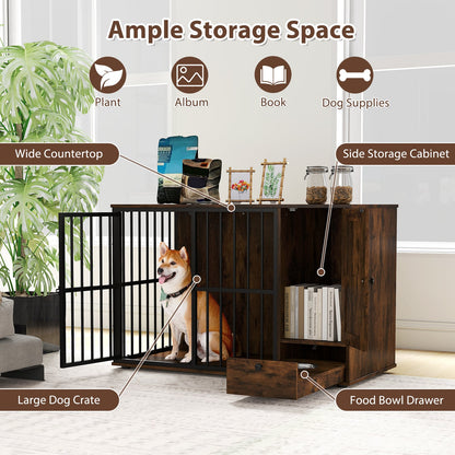 120CM Dog Crate Furniture with Hidden Pull-out Bowls in Drawer-Rustic Brown