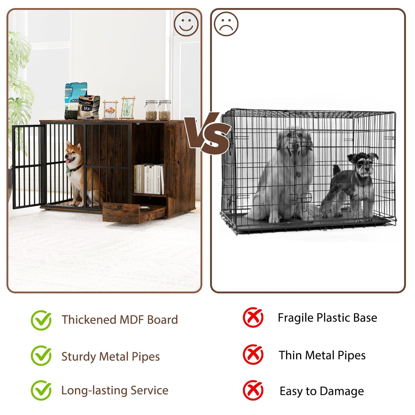 120CM Dog Crate Furniture with Hidden Pull-out Bowls in Drawer-Rustic Brown