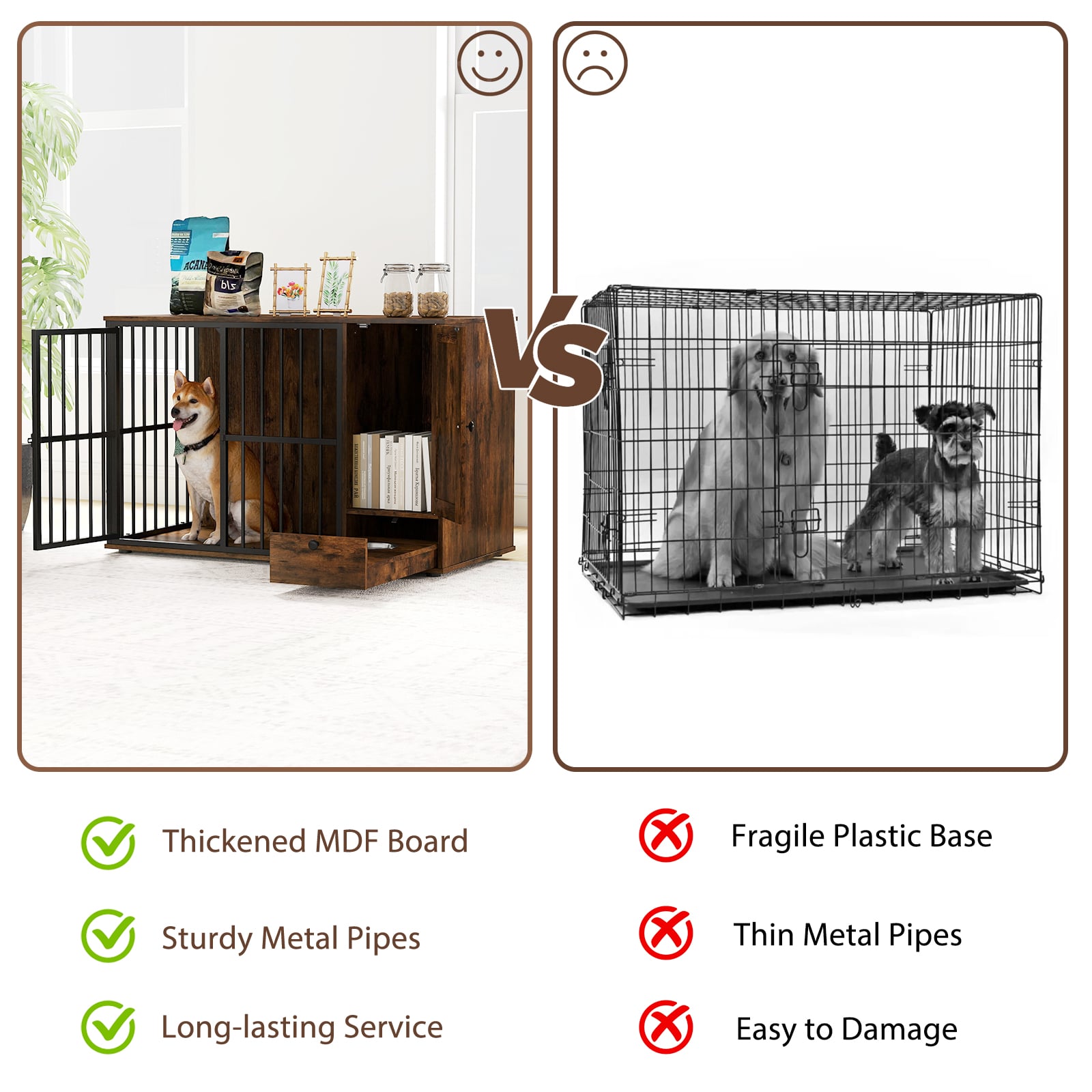 120CM Dog Crate Furniture with Hidden Pull-out Bowls in Drawer-Rustic Brown