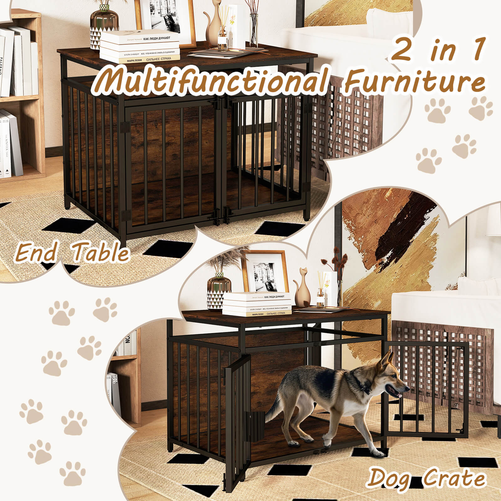 Dog Crate with Three Doors with Hollow Top for Small and Medium Dogs-Rustic Brown
