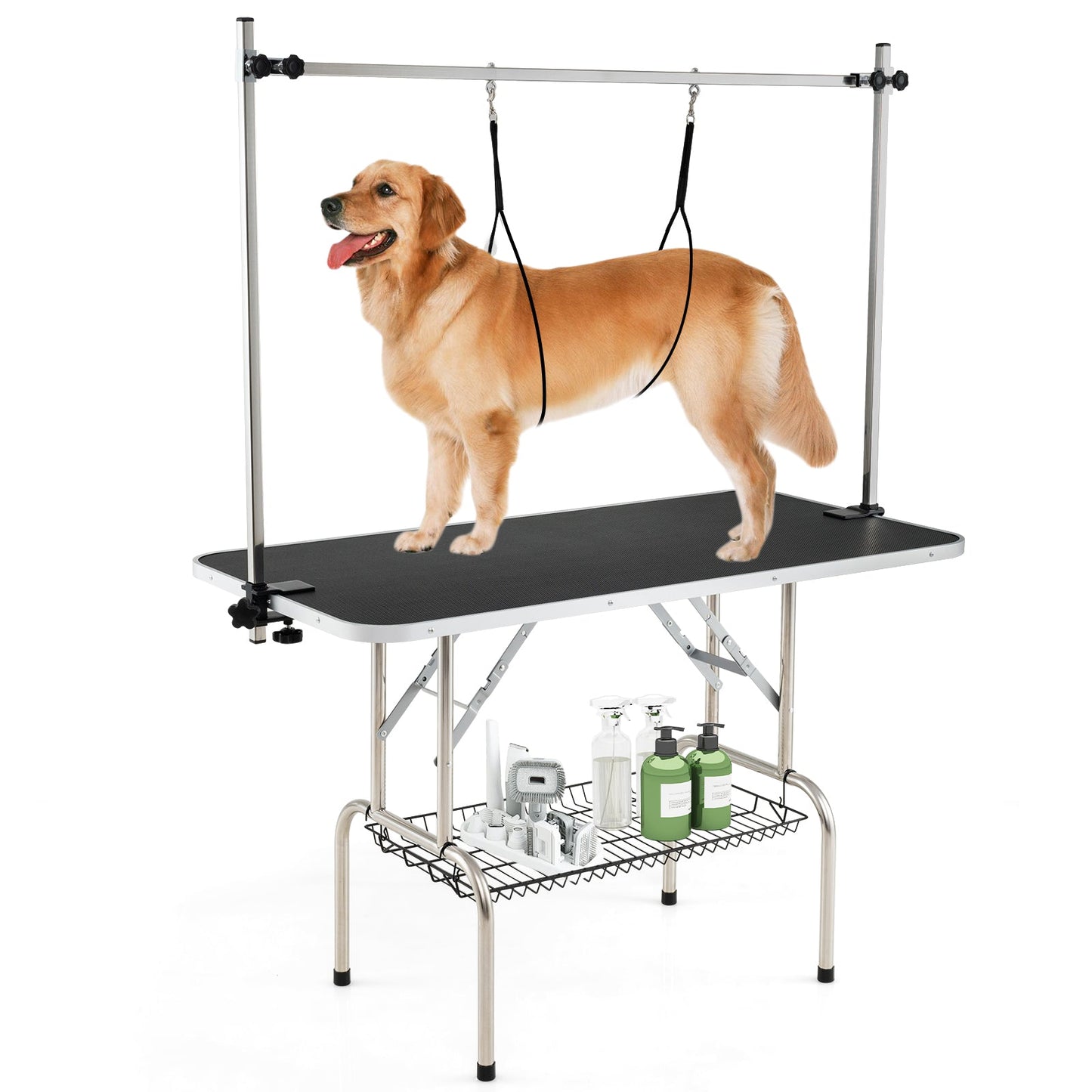 Foldable Dog Grooming Table with Height Adjustable Arms and Mesh Tray-Black