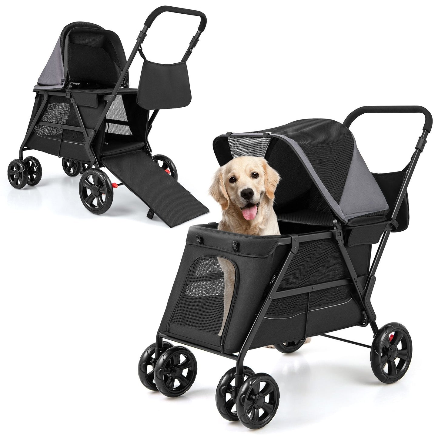 Dog Stroller Wagon with Dual Entry for Medium Small Senior Elderly Dogs-Black &amp; Grey